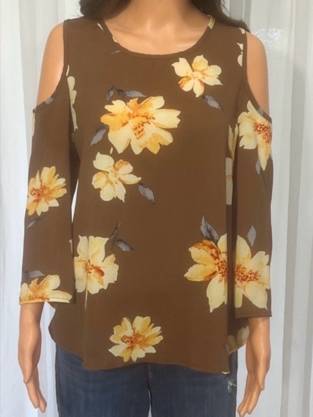 White Mark Floral Cold Shoulder Top - Brown and Yellow